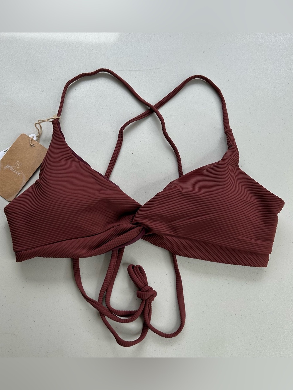 Berlook Bikini Top Large Wine Red Twist Backless Padded Swimwear NWT